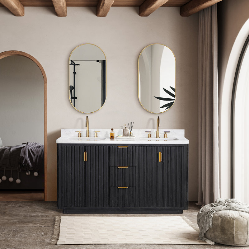 Ensemble de meuble-lavabo double 60 "avec miroir Adela, Noir, noir, noir, noir, Blanc / Blanc, Doré