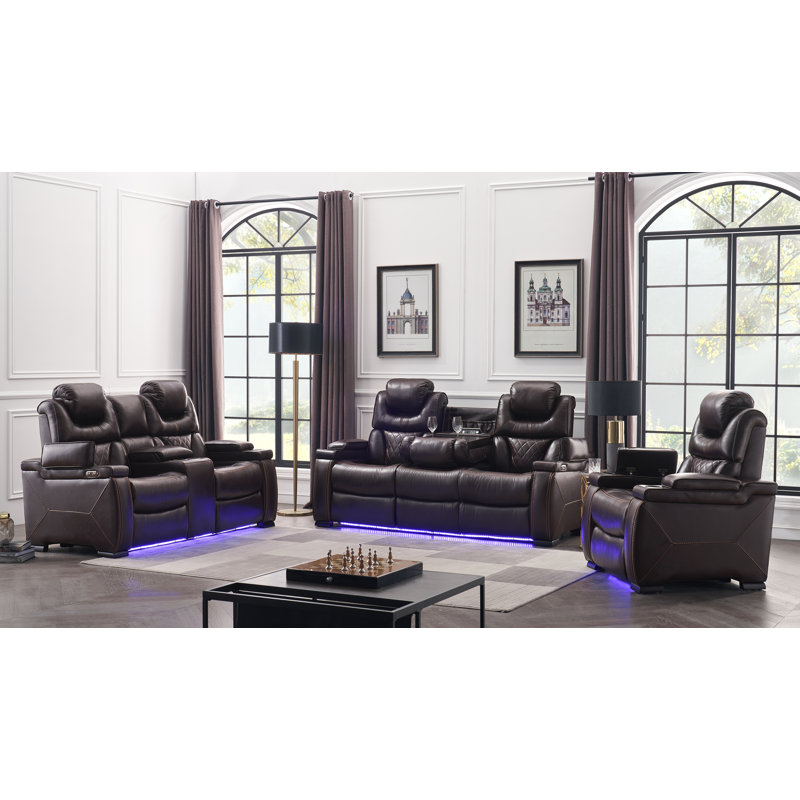 Ensemble de salon en cuir 3 pièces Akheelesh, Brun