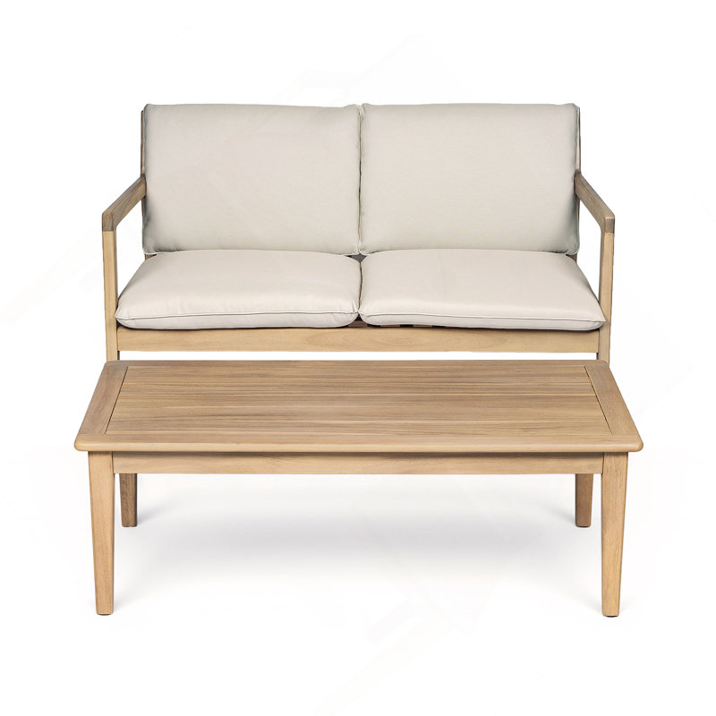 Causeuse d'extérieur en bois d'acacia avec table basse, structure en teck clair, coussin beige