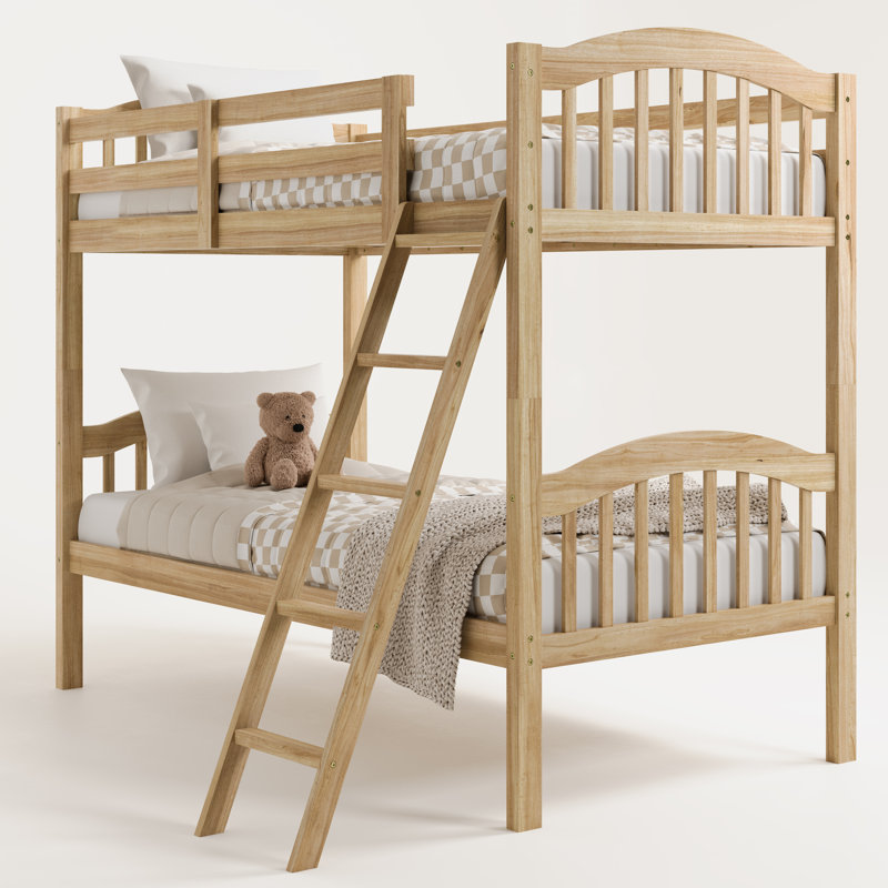 Natural Twin Over Twin Wood Bunk Bed with Ladder and Guardrails