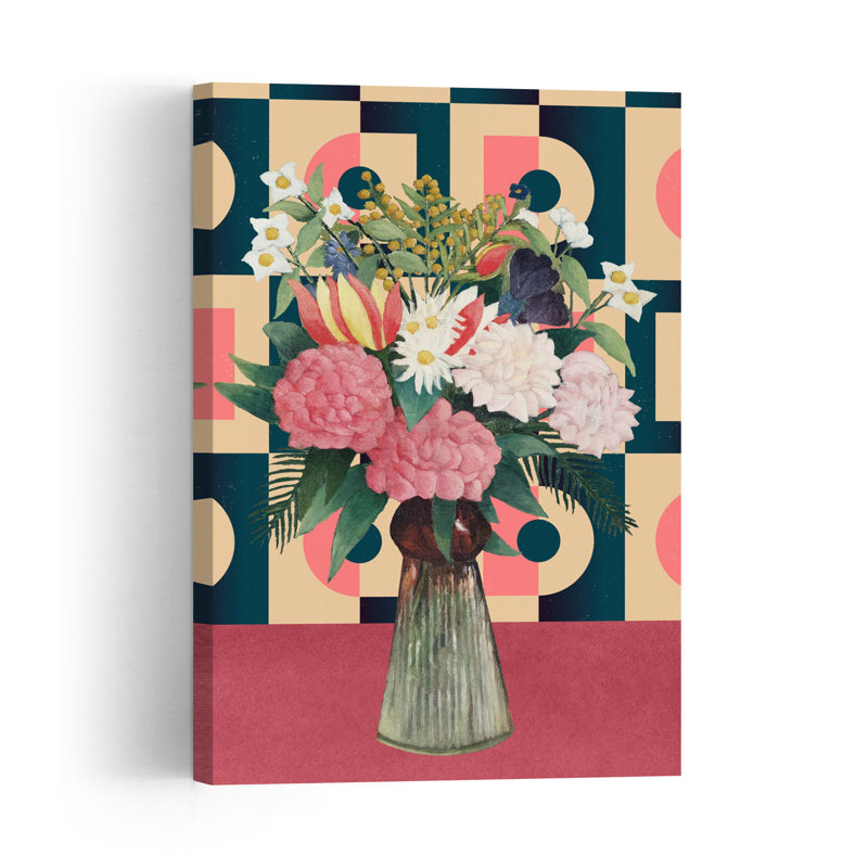 Vibrant Geometric Bouquet Abstract Colorful Elegant Butterfly Daisy Peony Flower Nature Wall Art Print 1 Piece Wrapped Canvas Wall Art