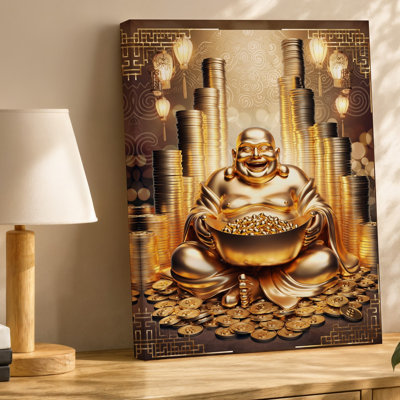 Canvas A Radiant Golden Buddha Figure Sits Joyfully Amidst A Lavish Wall Art Pile Of Gold Coins Holding A Large Bowl Filled With For Canvas Wall Art