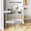Bureau de maquillage moderne avec miroir, coiffeuse avec rangement ouvert, finition en faux marbre et structure en acier pour la chambre à coucher, blanc et doré