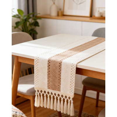 Farmhouse Boho Table Runner With Woven Texture And Tassels, Linen-Like Table Decor For Dining Room, Kitchen Island, Coffee Table And Living Room