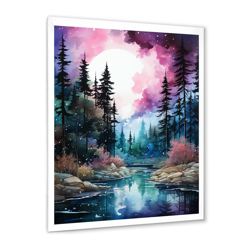 Aurore boréale, paysage aquarelle, H 32 po x l 16 po x P 1 po, Cadre photo blanc