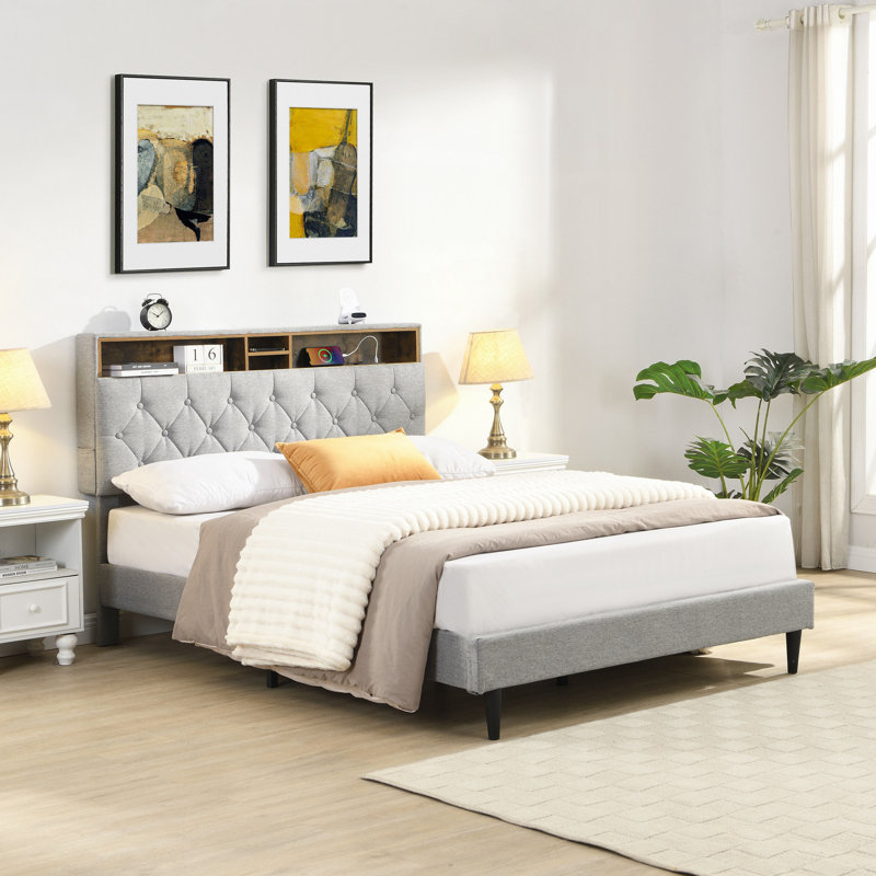 Structure de lit plateforme tapissier avec tête de lit en lin capitonné, ports USB, station de charge pratique, deux poches latérales, ne nécessite pas de sommier