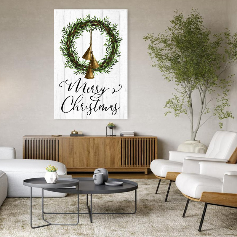 Merry Christmas Wreath and Bells, art hivernal contemporain, H 48 po x l 32 po