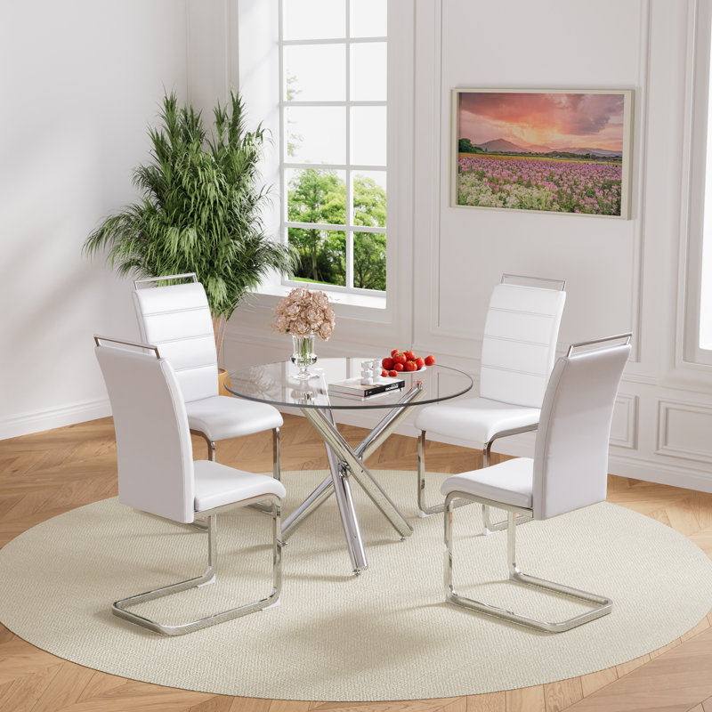 Ensemble de salle à manger à piédestal rond 5 pièces, Argent, Blanc / argent
