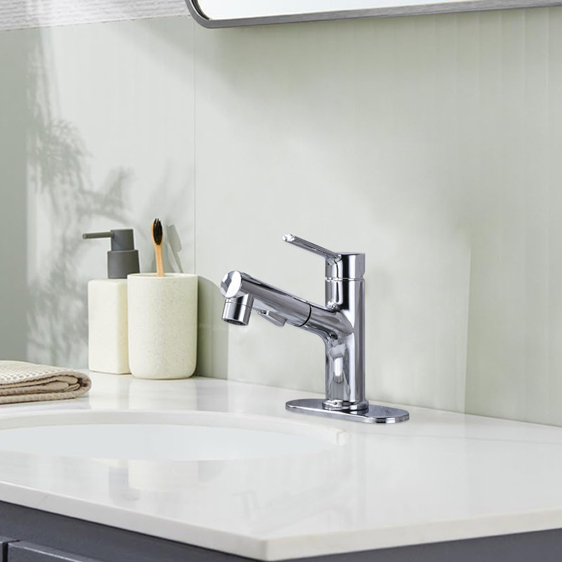 Single-hole Single-handle Bathroom Faucet With Pull Out Sprayer, Chrome