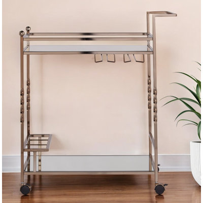 Champagne Metal And Mirrored Glass Rolling Bar Cart With Wine Storage