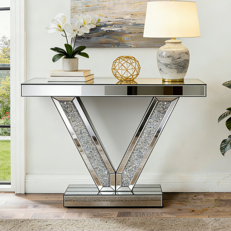 Amla 100cm Mirrored Glass V-Shaped Console Table Crushed Crystal Entryway