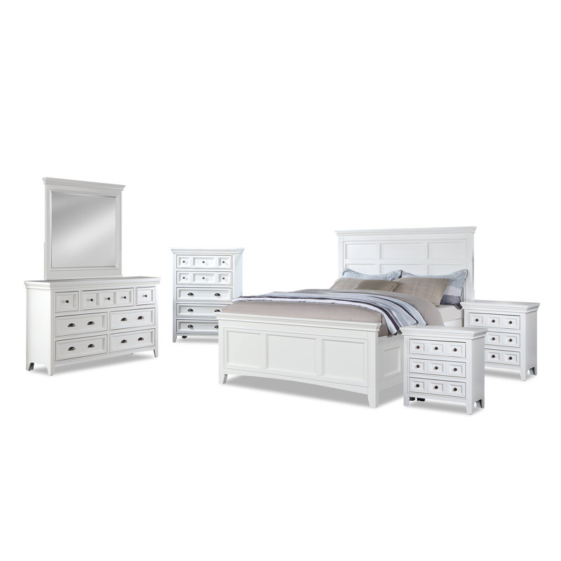Ensemble de chambre à coucher Genesha, Blanc, Lit double, Ensemble de six pièces : lit, deux tables de che