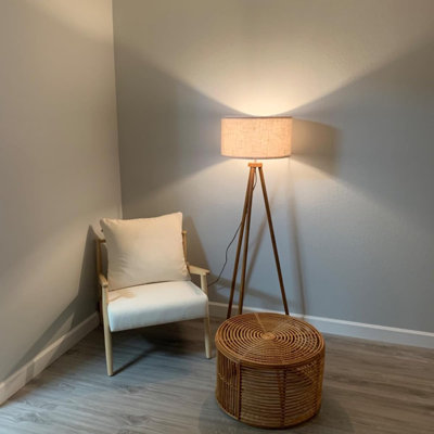 Modern Tripod Floor Lamp Flaxen Lamp Shade Standing Lamp with 3 Color Temperature Light Bulb