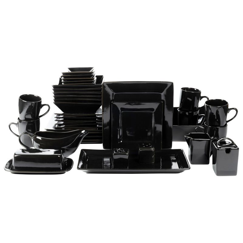 Nova Square Stoneware 38 Piece Dinnerware Set, Service for 6, Black