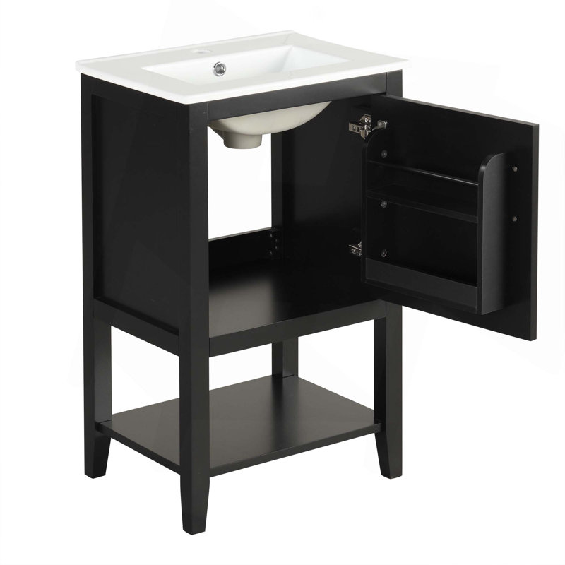 Meuble-lavabo de 20 po avec lavabo, armoire de salle de bain avec porte à fermeture douce, support de rangement et tablette ouverte, noir