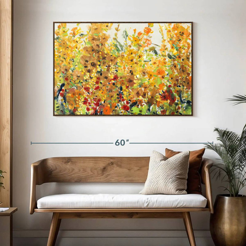 Golden Summer Garden I, 46 po x 31 po, Cadre flottant en noyer
