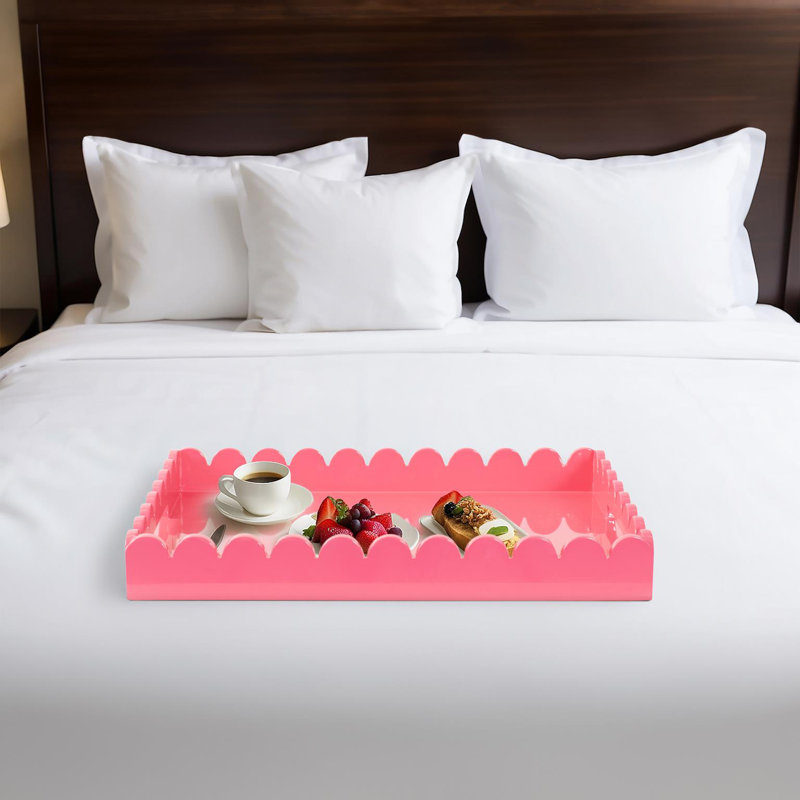 Hindley Hand-Crafted Rectangular Scalloped Wood Tray, Pink