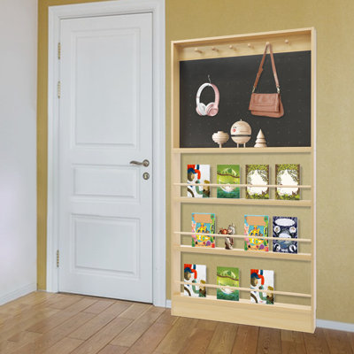 35.43" W x 3.94" D x 70.08" H Narrow Bookshelf with Pegboard, 3-Tier Floor Standing Bookcase with Pegboard Panels and Hooks, Solid Wood Storage Display Shelf for Living Room, Bedroom, Entryway