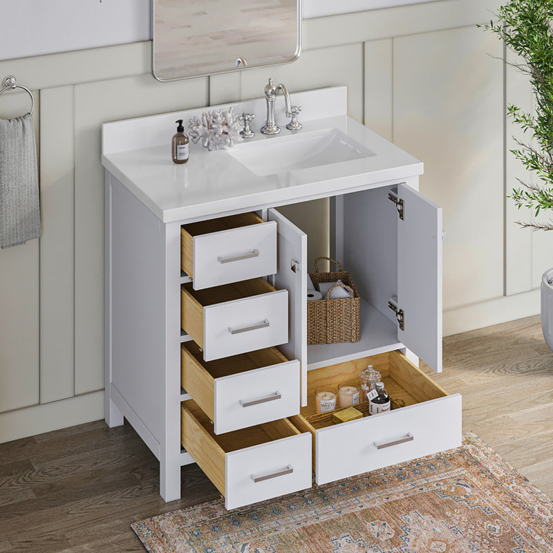 Cambridge 37'' W Single Vanity, White, Pure White Quartz, Brushed Nickel