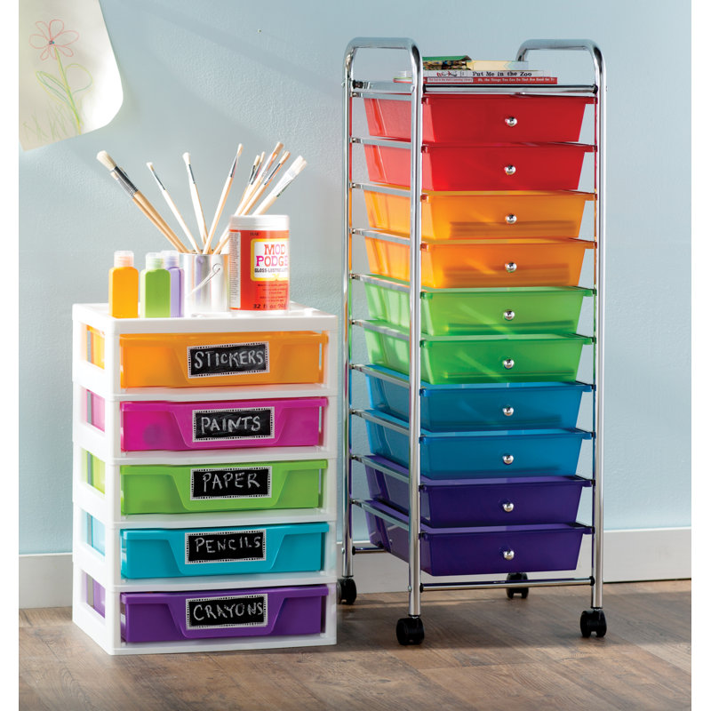Multi-Color 10-Drawer Rolling Storage Cart with Chrome Frame