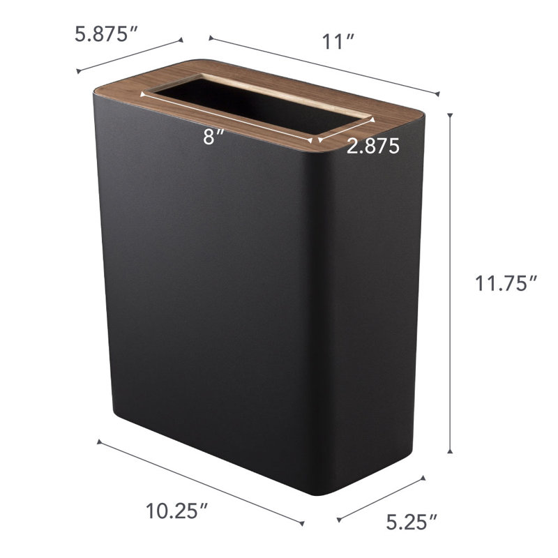 Poubelle rectangulaire pour la salle de bain Rin Yamazaki Home, acier et bois, 2,5 gallons, Noir