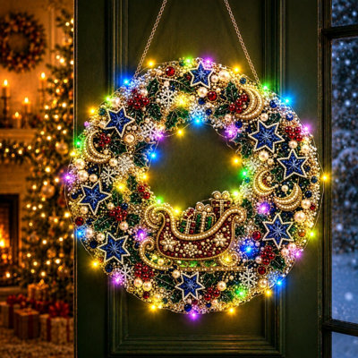 Christmas Decor DIY Christmas Wreath diamond art crafts kit With LED Lights Pearl Rhinestone Art Pendant Ornament For Wall Decor Gift