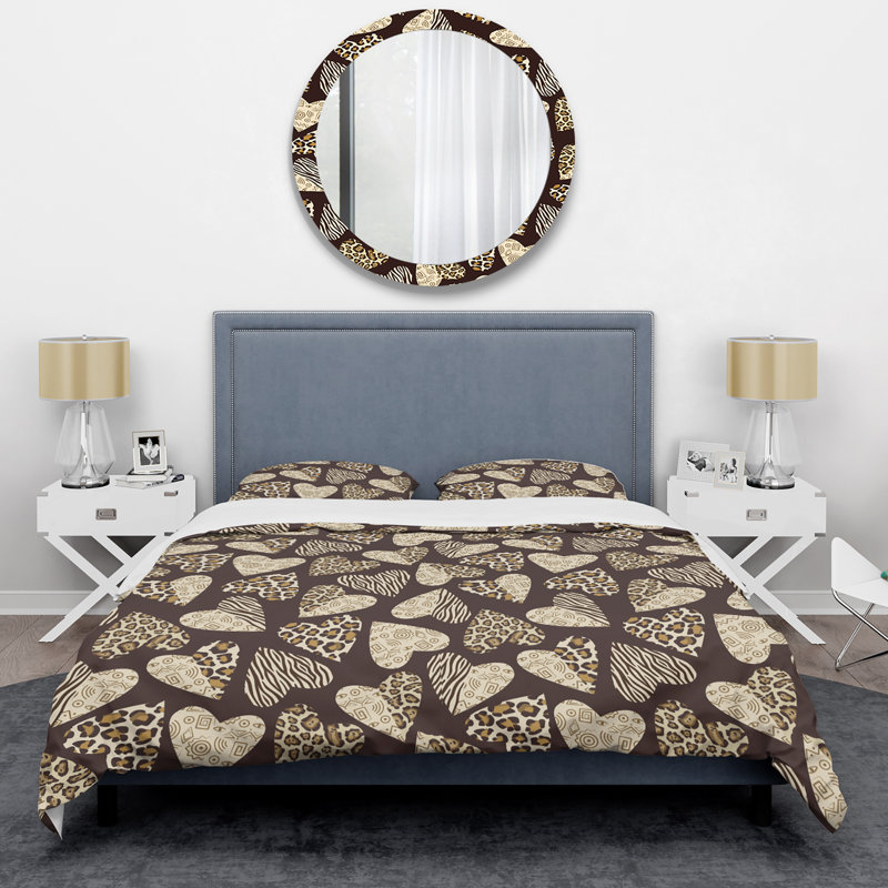 Brown Hearts On Animal Skin Polyester Animal Print Duvet Cover