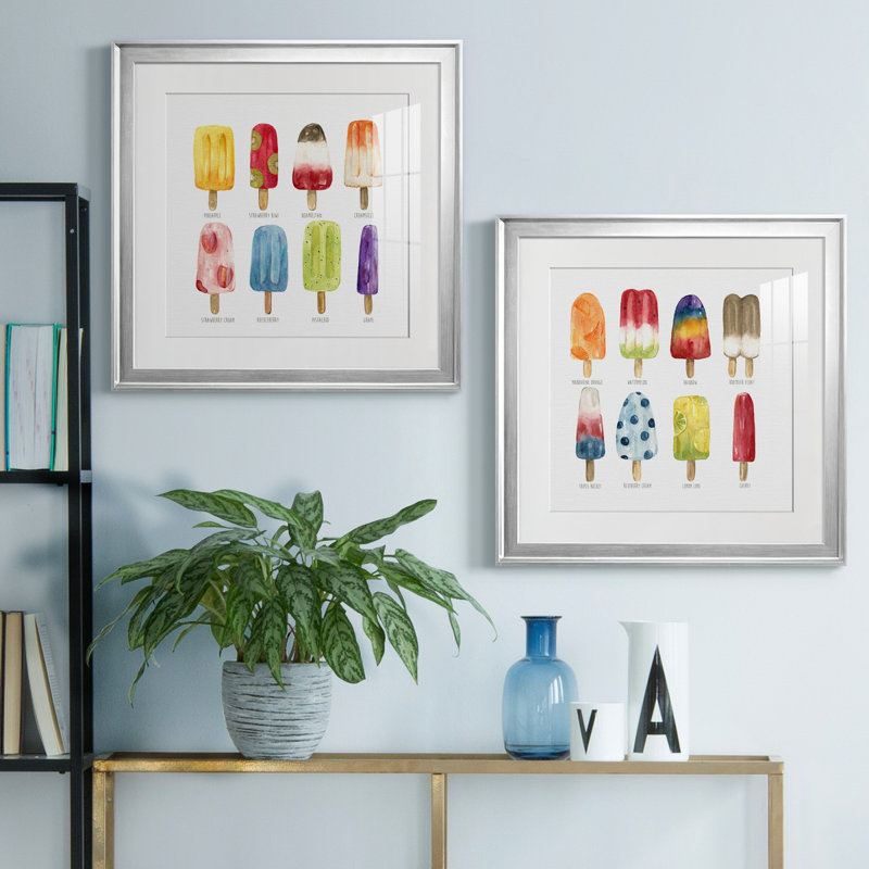 Popsicles Come Chill - ensemble de 2 reproductions, H 17,5 po x l 35 po x P 1,5 po, Papier avec cadre argenté, Blanc