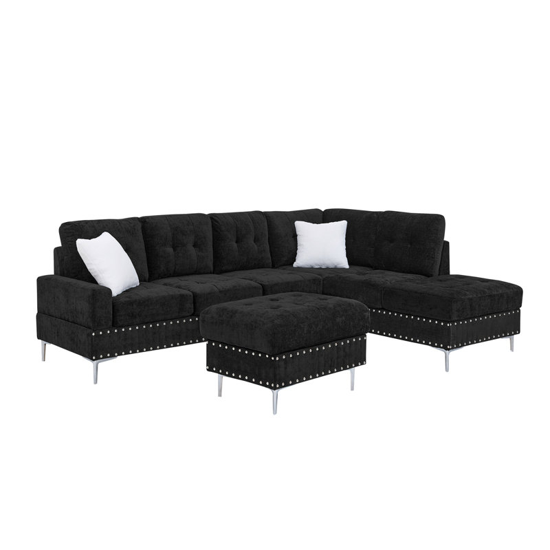 Sectional 3-Seaters Sofa With Chaise, Storage Ottoman, Metal Legs And Copper Nails,Two White Pillows, (102" X 76" X35")
