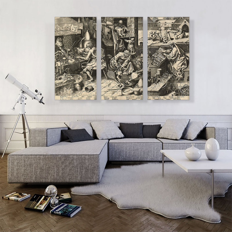«The Alchemist» par Peter Bruegel l'Ancien, ensemble de 3 reproductions d'art sur toiles tendues
