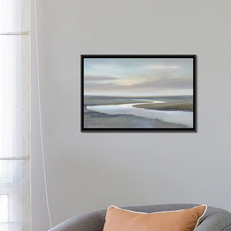 « riverbend iv », impression sur toile, H 18 po x l 26 po x P 1,5 po, Toile avec cadre noir, Blanc
