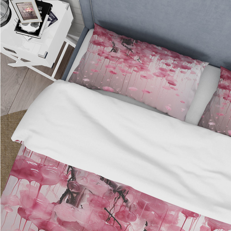 Ensemble de housse de couette cerisier rose en fleurs 2, Housse de couette pour grand lit et 2 taies décor