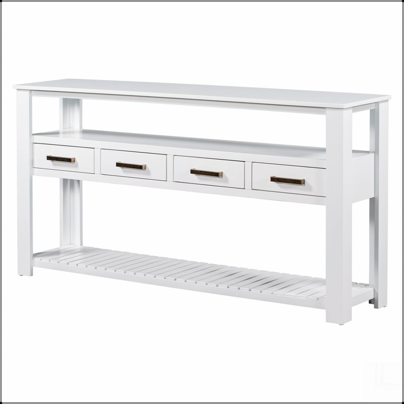 Table console moderne pour salon avec 4 tiroirs et 2 tablettes, Blanc