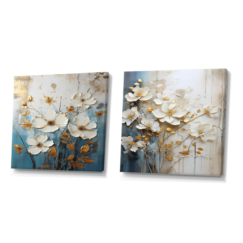 Minimalisme fleurs saisonnières - ensemble de 2 fleurs carrées, H 16 po x l 33 po, Toile tendue