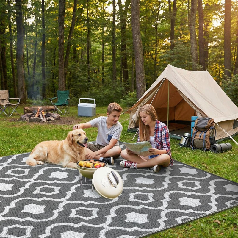 Waterproof Reversible Outdoor Rug – Durable Plastic Straw Area Carpet for Patio, Balcony, Camping, RV, Deck, Backyard – Lightweight, Boho Style – Gray & White, 9x12ft (270x360cm)