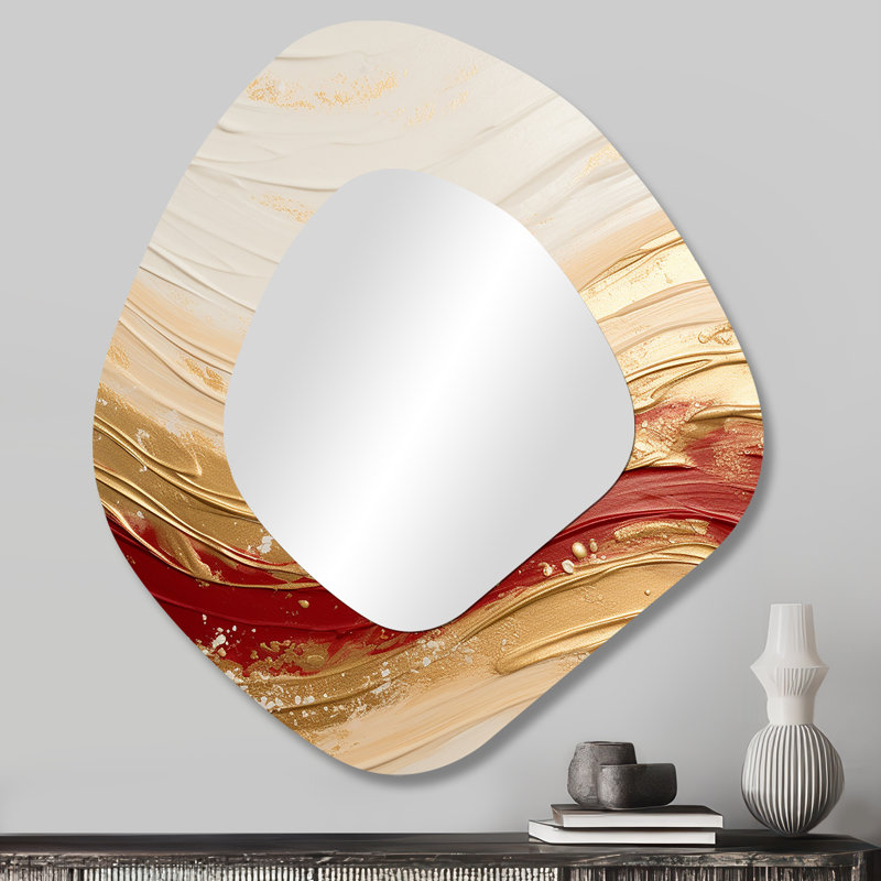 Gold And Red Soft Wave Fusion - Abstract Shapes Unique Shape Large Wall Mirror, Modern Asymmetrical Unique Mirror, Printed Metal Art