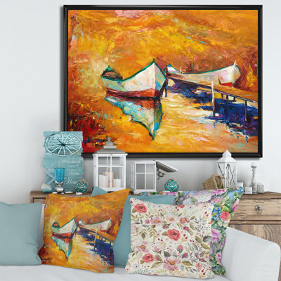 Petit bateau pendant un coucher de soleil chaud et orange - Peinture sur toile