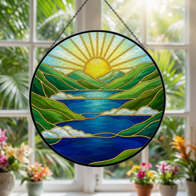 7.8"H Sunrise Landscape Stained Glass Window Panel