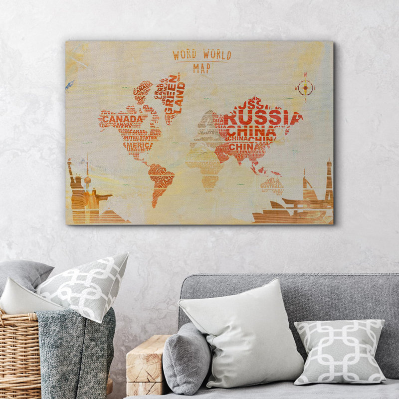 «World Map Typographie Landmark» sur impression sur toile, H 24 po x l 36 po x P 1,5 po