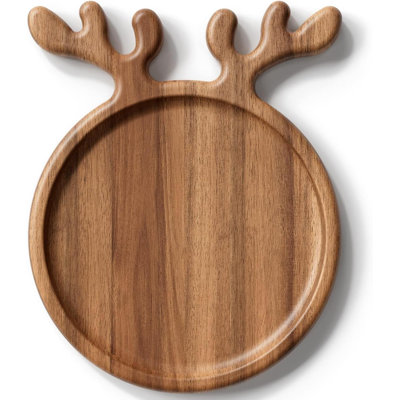 Plateau de service en bois d'acacia avec bois de renne décoratif - assiette de présentation ronde en bois 12 po x 10 po, plateau de charcuterie pour le fromage et les fruits, cadeau de Noël pour la pendaison de crémaillère