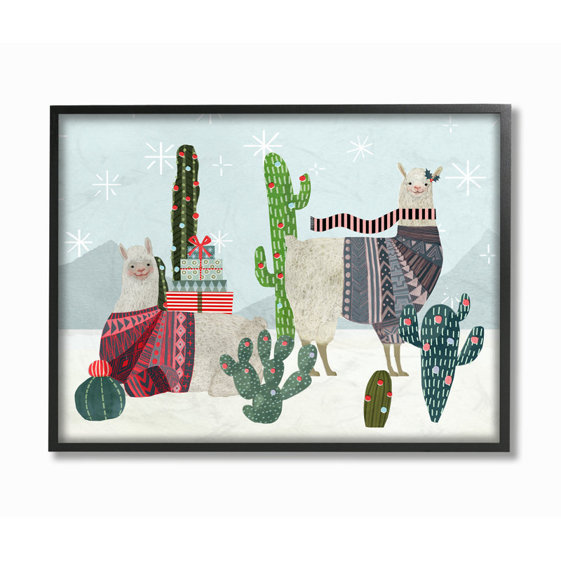 «Holiday in the Desert Llamas with Cacti and Pulls», impression, Giclée encadrée noir minuit, H 11 po x l 14 po x P 1,5 po