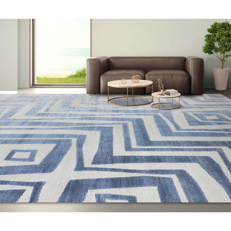 Tapis ivoire / bleu noué à la main de haute qualité, Rectangle 8 pi x 10 pi