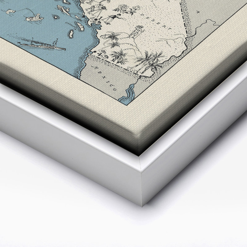 Carte illustrée de la Californie, H 18 po x l 24 po, Canevas, Encadrement blanc