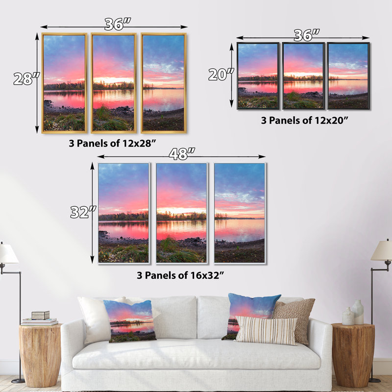 «Beautiful Fall Sunrise over River», photographie sur toile flottante 3 pièces, Cadre noir, H 20 po x l 36 po x P 1 po