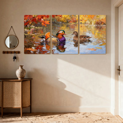 «Birds Duck Autumn Leaves Water Reflection Nature Scene», ensemble de 3 impressions sur toile