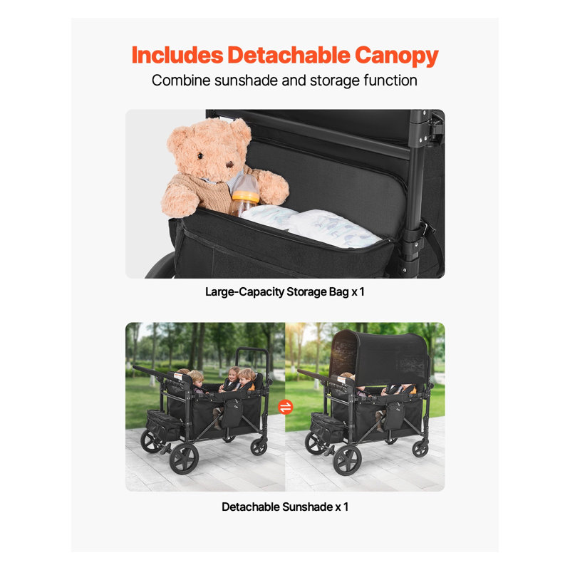 Poussette pliable 4 places pour enfants - Chariot quadruple robuste à tirer et tirer avec auvent réglable et roues amortissantes