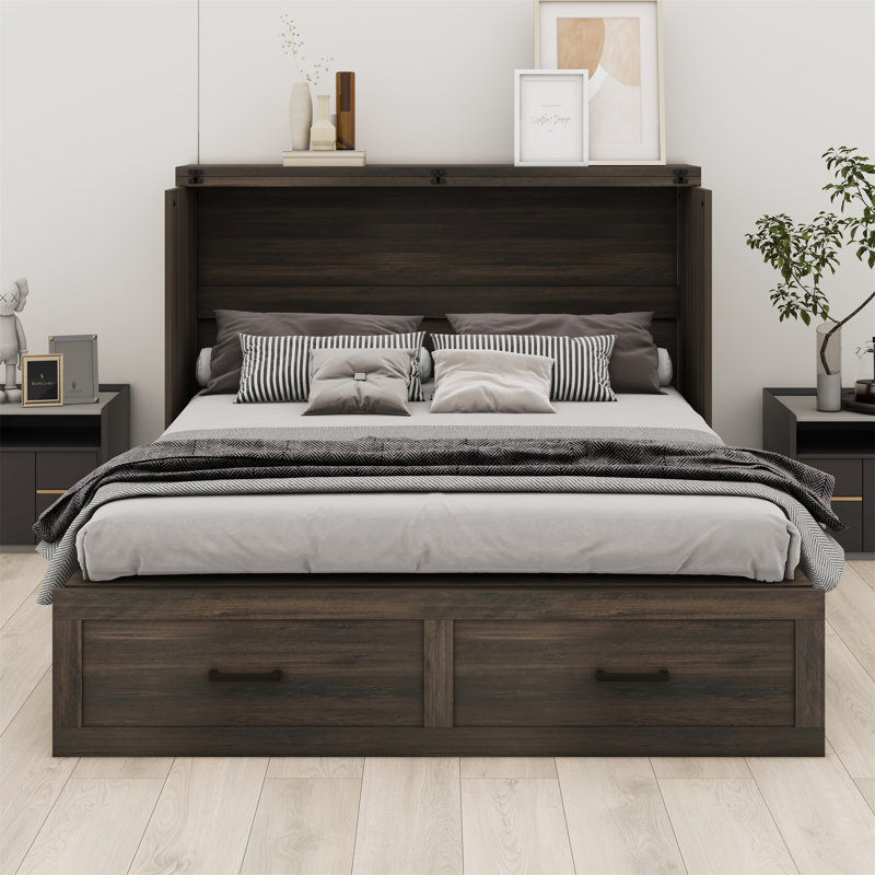 Murphy Cabinet Bed With Charging Station, Foldable Platform Bed With Large Storage Drawer, Rustic Grey