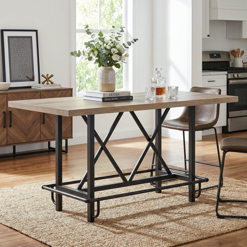 Table de salle à manger à hauteur de comptoir avec repose-pieds en métal Bochini L 62,99 x l 31,49, Chêne gris