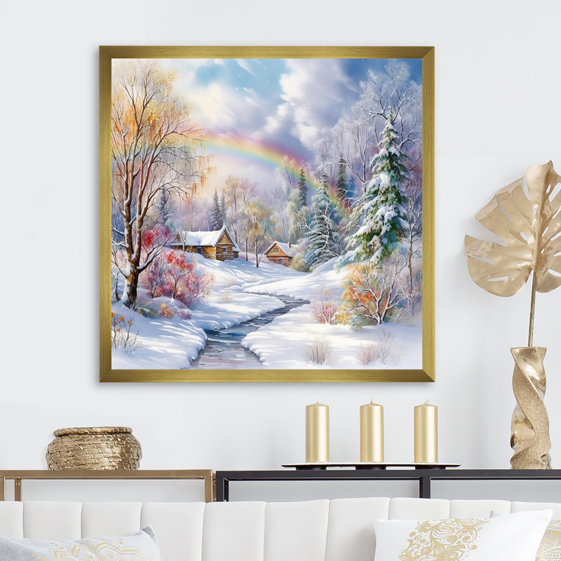 «Rainbow Winter Scenery» sur toile, H 30 po x l 30 po x P 1 po, Cadre doré simple