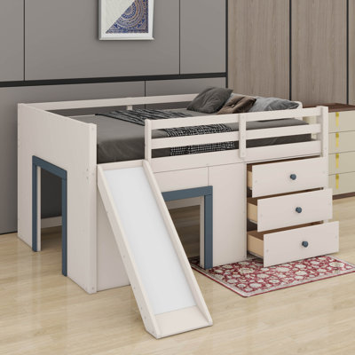 Full Size Low Loft Bed With Slide,Drawers And Doors